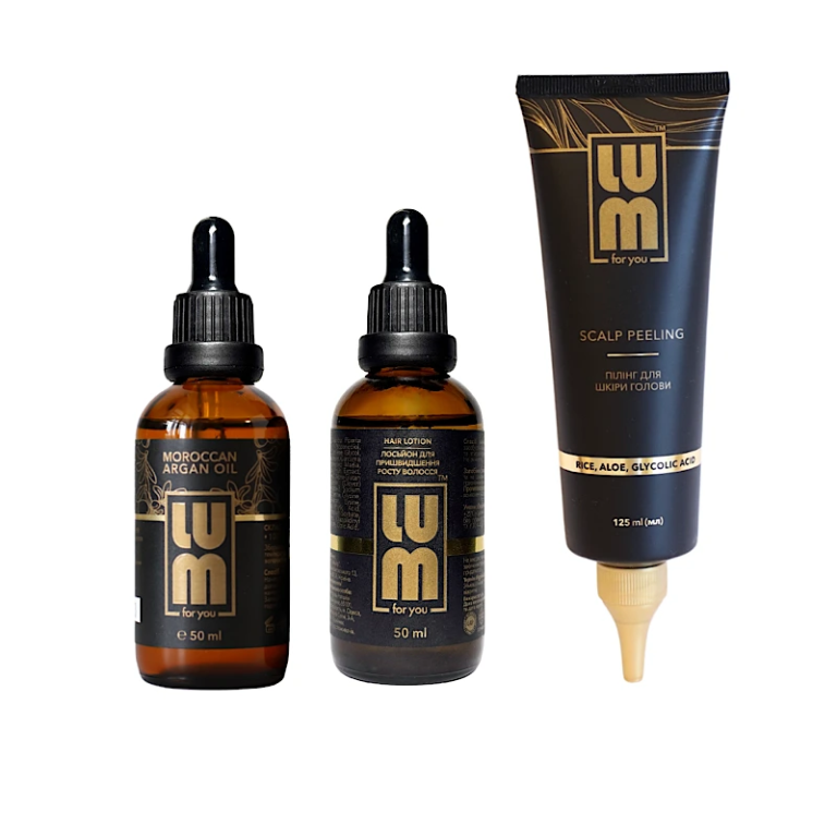 LUM set "FORMULA: PURE ROOTS 72 HOURS + ACTIVE GROWTH" (Hair growth lotion, argan oil, Scalp Exfoliation)