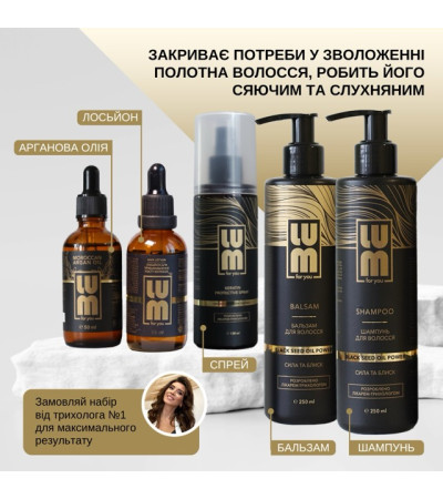 Набір LUM «ФОРМУЛА СИЛИ: ОЧИЩЕННЯ + ЖИВЛЕННЯ + СТИМУЛЯЦІЯ» (Лосьйон для росту волосся, Шампунь, Бальзам, Арганова олія, Термозахисний спрей)