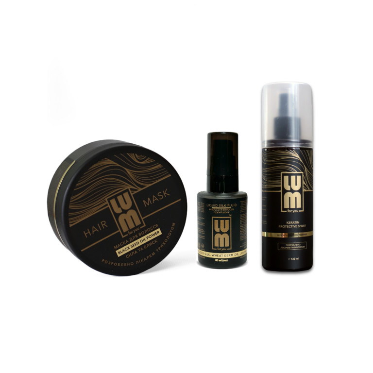 LUM set "Reconstruction and restoration of the hair web" (fluid + Thermal Protection Spray + Hair Mask)